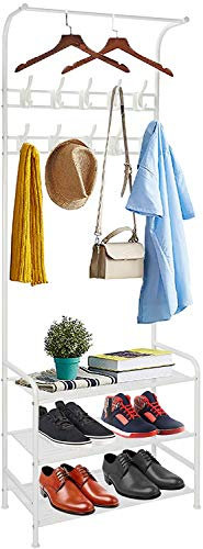 Coat Rack Shoe Bench with 8 removable Hooks, Metal Coat Hat Rack Free Standing Clothes Stand with 3-Tier Shoe Rack Bench, Hat Stand Hallway Organiser, 3-in-1 Hall Tree with Metal Frame, Easy Assembly