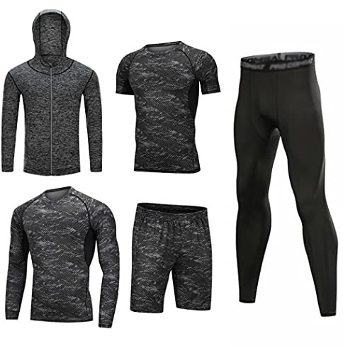 HZQIFEI Herren 5 Stücke Sport Anzug Fitness Anzug Schnelltrocknend Strumpfhosen Laufanzüge Kompression Shirt Gym Training Lauf Trainingsanzüge (Stil#2, 3XL)