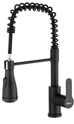 PHASAT Spültischarmatur mit Brause Küchenarmatur mit Ausziehbar Spiralfederarmatur 360°Drehbar Einhebelmischer Spültisch Armatur Schwarz PE1H01