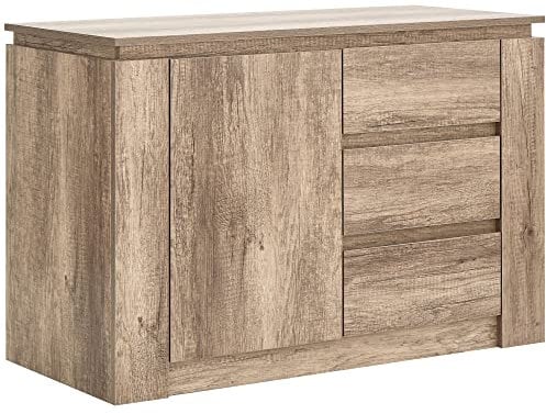 GFW Canyon Sideboard Unit With 3 Storage Drawers And 1 Door Storage Cabinet With Adjustable Shelves, Contemporary Beige Wooden Oak Sideboards for Living Room, Kitchen, Bathroom,86 W x 40D x 70Hcm