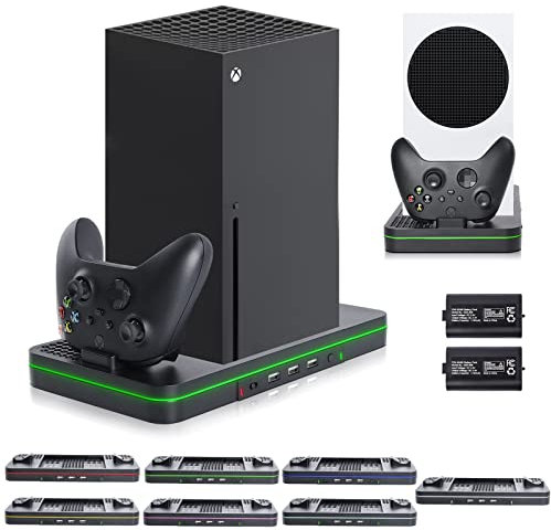 Cooling Stand Dock with Rechargeable Bateries for Xbox Series X S, TechKen 3 Level Speed Fan Adjustable 9 Mode Colorful LED RGB Light Dock with 3 USB Ports