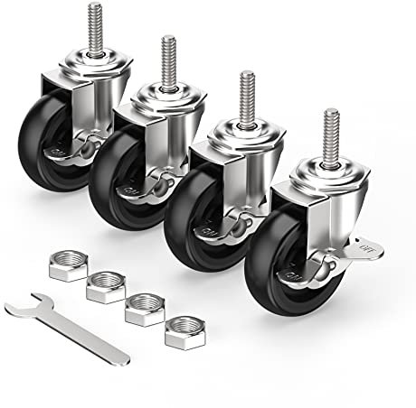 HOLKIE Lenkrollen 75mm (3 Zoll) mit Bremsen Möbelrollen Transportrollen, M10 x 1,5 x 30mm (Schaftdurchmesser 10mm, Schaftlänge 30mm) Schwerlastrollen Gummirollen 4er Set Rollen für Möbel Schwarz