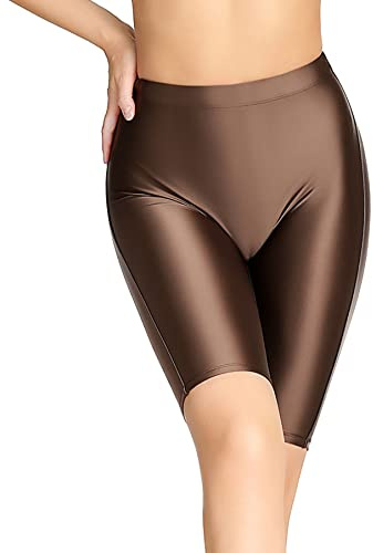 SOFSOT Dam glänsande yoga pilatesshorts utomhus snabbtorkande byxor ultrahög midja biker leggings, Brun, L