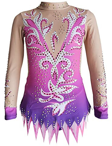 LIUHUO Justaucorps de gymnastique rythmique pour fille - Imprimé violet - Col rond - Sans manches - Costume de compétition,