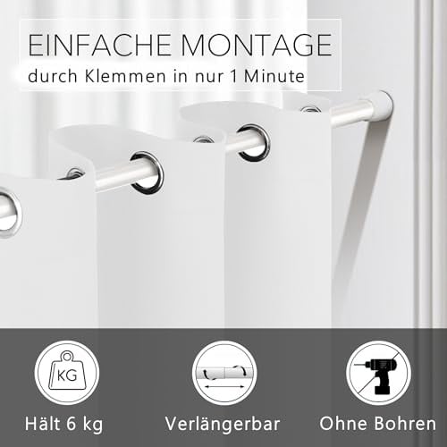 tinycurtains, Türvorhang mit Teleskopstange, einfache Montage in nur 1 Minute ohne Bohren (Türgardine weiß H200 x B150 cm + Stange weiß B70-120 cm)