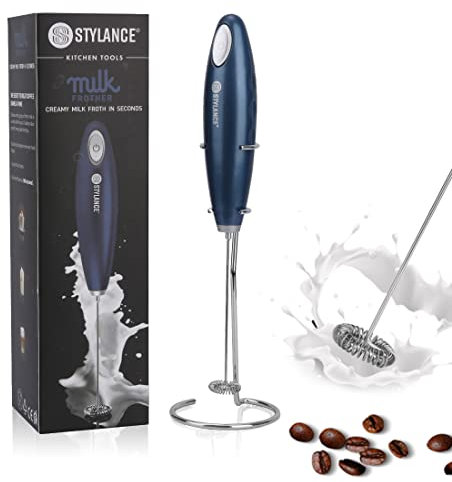 STYLANCE Batidor espumador de leche espumador capuchino para leche espumador de leche capuchino, gris, incluye soporte, sin batería (azul)