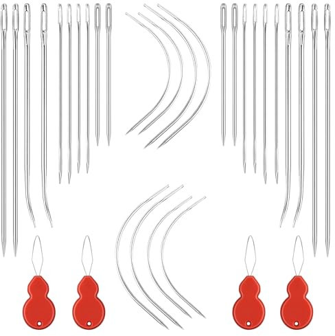 Agujas de Abalorios, Kit de agujas de coser a mano resistentes, juego de agujas de cuero de costura de 14 piezas con 2 enhebradores de agujas aguja curvada agujas triangulares agujas surtidas