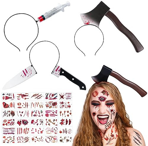 3 Stück Halloween Haarreif Horror, Halloween Messer Im Kopf, Halloween Kopfschmuck Horror, Halloween Axt Im Kopf, Halloween Messer Mit Blut, Halloween Kopfbedeckung, Halloween Haarreif Messer