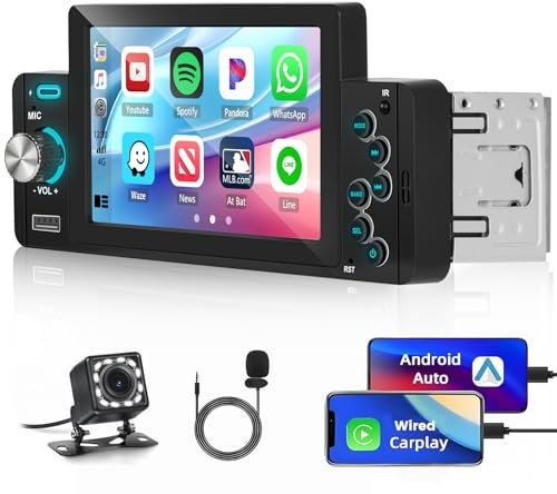 Hikity 1 Din Autoradio Wired Carplay Android Auto Radio 5 Pollici Touchscreen Bluetooth con Telecamera per Retromarcia Supporto EQ BT FM SWC USB Mirrorlink