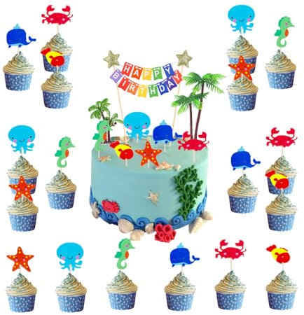 DecPtyTa Ozean Thema Cupcake Toppers, Dekorationen Kuchendeko, Happy Birthday Kuchendekoration,Tortendeko Kuchen Deko Set,Cupcake Toppers für Kinder Party Geburtstag (Ocean)