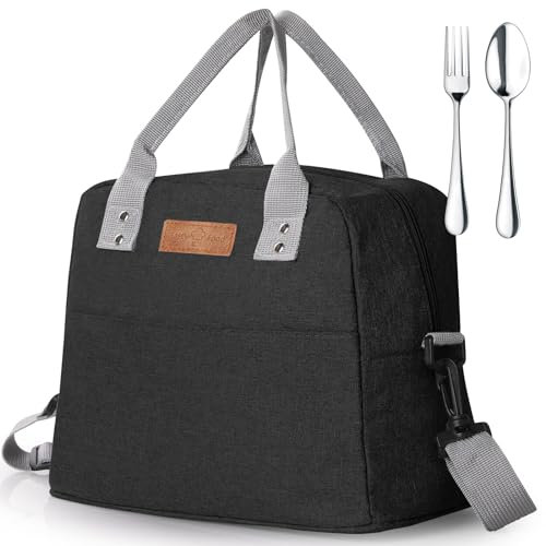 GeeRic 7.5L Borsa Termica+Forchetta+Cucchiaio con Tracolla Regolabile Impermeabile Prova Perdita Riutilizzabil Borsa Frigo Porta Pranzo Cibo Organizzatore per Picnic Scuola Ufficio Adulto Bambini Nero
