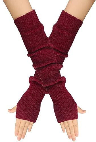 MoreChioce 1 Paar Frauen Lange Fingerlose Handschuhe, Winter Gestrickt Armstulpen Ellenbogenlange Handgelenk Pulswärmer Damen Halbfingerhandschuhe Fäustlinge Strickhandschuhe mit Daumenloch,Wein Rot