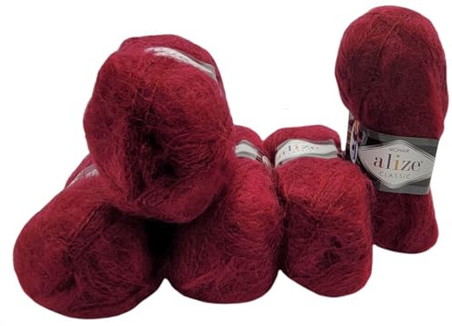 5 x 100 Gramm Ilkadim Export Mohair Classic Strickwolle, 500 Gramm Strickgarn einfarbig mit 25% Mohair Wolle (bordeaux 57)