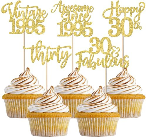 30 Stück Vintage 1995 Tortendeko Glitzer Happy 30th Thirty Awesome Since 1995 Cupcake Toppers 30 Fabulous Kuchen Deko für 30. Geburtstag Hochzeitstag Party Kuchen Dekorationen Gold
