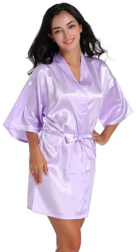 CuteOn Women's Satin Kimono Robes Bride Party Satin Robes Bridesmaid Wedding Robes Silky Bathrobes Light Purple M