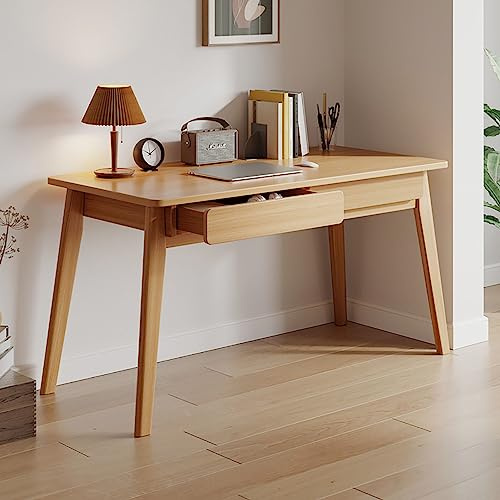 Scrivania per Computer con 2 Cassetti, Scrivania Moderna con Gambe in Legno Massello, Tavolo da Studio, Postazione di Lavoro, Scrivania per Piccoli Spazi (120 x 55 x 75 cm), Rovere