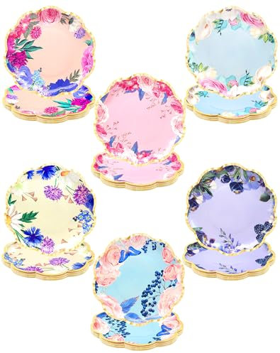 Anvin Floral Paper Plates 22.5cm Flower Dessert Plates Sparkle Disposable Plates for Tea Party Garden Party Baby Shower Bridal Shower Birthday Wedding Decorations(60 Pack, 6 Assorted Styles)