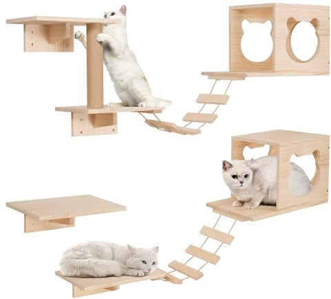 Opetdo Kletterwand Katzen Set - 5-teiliges -Wandregale,Stabiler Holzkletterer,Wandpark mit Katzenhaus, Katzenbrücke, Katzenbaum, Katzen Wandregale, Katzenwandmöbel Set