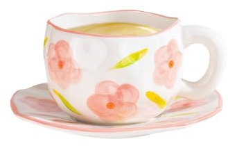 Nivofu Set di Tazze da Caffè con Piattino, con Fiori Dolci, Tazza di Caffe Ceramica, Tazzine Caffè Con Piatto, Idea Regalo di Compleanno per Donne, Ragazze, Mamma, Fidanzata - 300ml (Bianco)