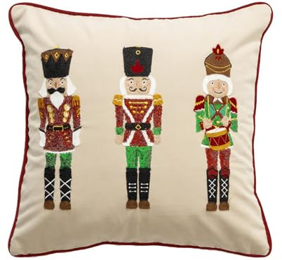MOCOFO Kissenbezug mit weihnachtlichem Nussknacker-Stickerei – dekorativer Kissenbezug für die Feiertage (Beige, 45 x 45 cm)