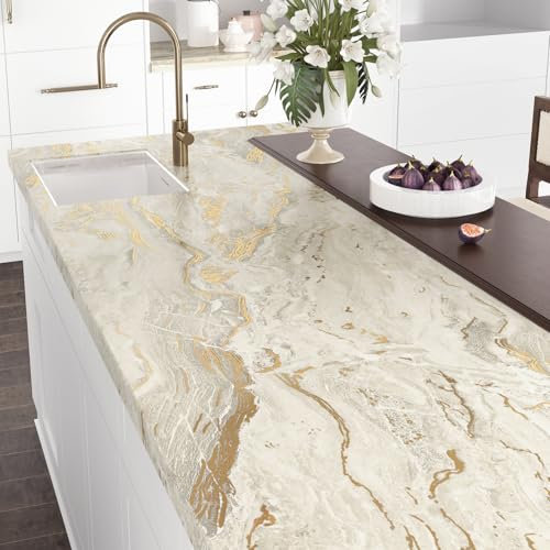 Wallderful Marble Wallpaper Peel and Stick Beige Gold Marble Contact Paper for Countertops Waterproof Matte Kitchen Backsplash Sticker Bathroom Wall Table Cabinets Vinyl Counter Top Covers 15.75x394