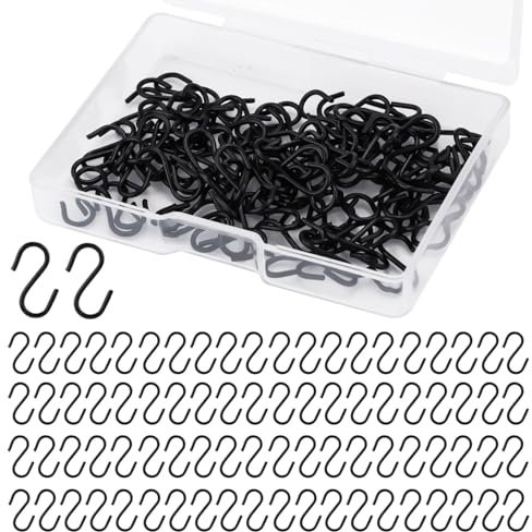 NQEUEPN 100pcs Small S Shaped Hooks, Mini Stainless Steel Hooks with Storage Box for DIY Crafts, Jewelry, Key Chain Tags (Black)