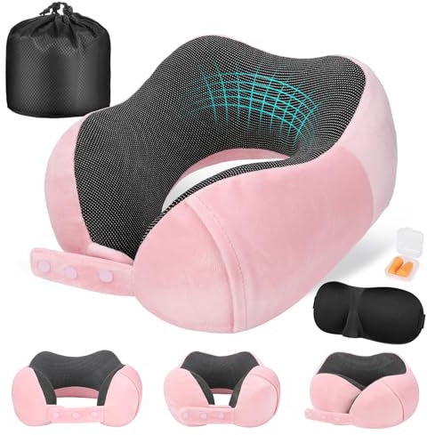 Cirorld Nackenkissen Flugzeug, Nackenhörnchen Erwachsene, Reisekissen Memory Foam, Verstellbares Kompaktes Nackenkissen Reise, Ergonomisches Weich Atmungsaktiv mit Ohrstöpseln, Augenmaske,Tragetasche