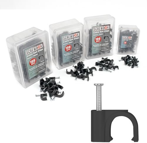SCREWBOX® Cable Clips, 400 Pcs Durable Black Wire Clips -4/6/8/10mm, Round Nail Clips, 4 Sizes (4mm, 6mm, 8mm, 10mm), Cable Tacks Wire Tidy Clips, Electrical Cable Management Clips