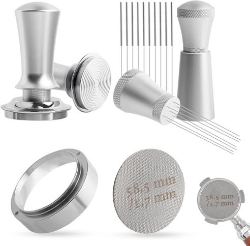 Kaffee Tamper 58mm Set, Aufgerüstet Espresso Tamper Set inkl. WDT Tool, Dosierring 58mm, Puck Screen 58mm, Druckregulierender Tamper-Base Ripple aus Edelstahl mit 30lbs Anpressdruck für Barista
