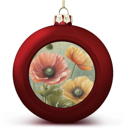 6 cm Weihnachtskugel-Ornamente, Pastell-Mohnblumen-Druck, roter Kunststoff, bruchsichere Weihnachtskugeln, Dekoration, hängende Weihnachtskugeln für Weihnachtsbaumschmuck, mit Schnüren