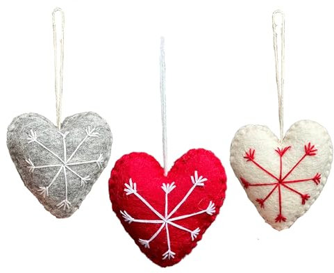 Handmade Sustainable Felt Christmas Tree Decorations - Nordic & Rainbow Baubles, Balls & Hearts for Indoor Use (Heart Red Grey White)