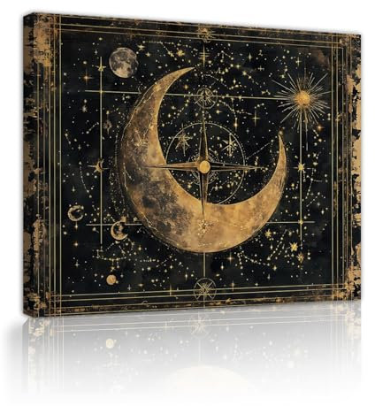 Vintage Chic Wandkunst Malerei Sterne Mond Römische Kunst Stil Leinwand Poster Zeitgenössische Bilder Wanddekoration für Wohnzimmer Schlafzimmer 60x80cm Innenrahmen