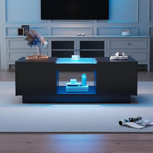ModernLuxe LED Coffee Table for Living Room, Modern Center Table with LED Lights, Tempered Glass Top, 2 Tiers & 2 Drawers, Stylish Storage Coffee Table Black, 100 x 50 x 35.5 cm
