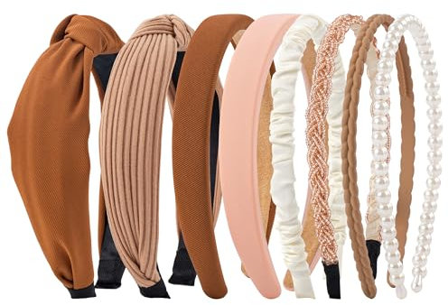 HBselect 8 Pezzi Cerchietto Capelli Donna Raso Fascia Capelli Donna con Perle Larghe per Ragazze e Donne Fasce per Capelli Marrone