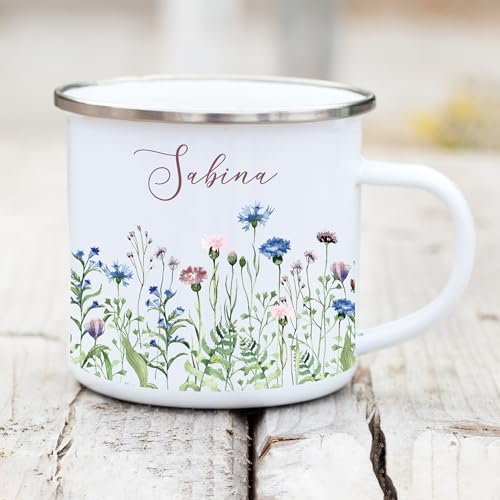 Wandtattoo Loft Wildblumen Emaille-Tasse personalisiert mit Wunschnamen, silber – Camping Tasse 330ml, Emaille Becher, Namens-Tasse mit Blumen Design, individuelle Campingtasse mit Wunschname