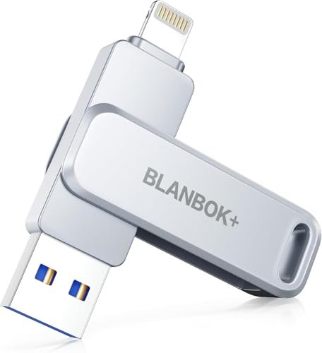 BLANBOK+ Pendrive para iPhone 256GB, Certificación MFI, 3 en 1 Pendrive Lightning y USB 3.0 con Adaptador de Tipo C Memoria Externa para iPhone, Teléfono, Android, PC, Mac, Pad (Plata)