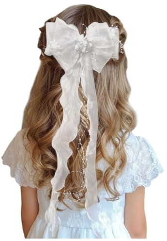 Kommunion Haarschmuck für Mädchen, Haarkamm mit Blüten, Perlen und Organza Bändern für Erstkommunion, Taufe, Hochzeit und Blumenmädchen
