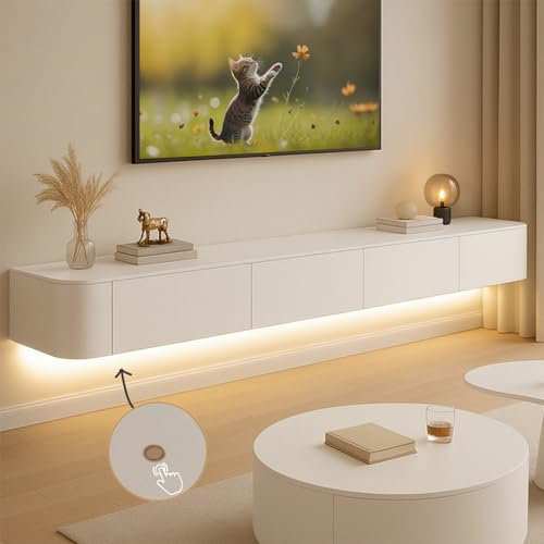 Ribanedy Modern Floating TV Unit with LED Lighting | Wall-Mounted Entertainment Media Console | Large Storage TV Bench for Living Room & Office (White, 86.6'')