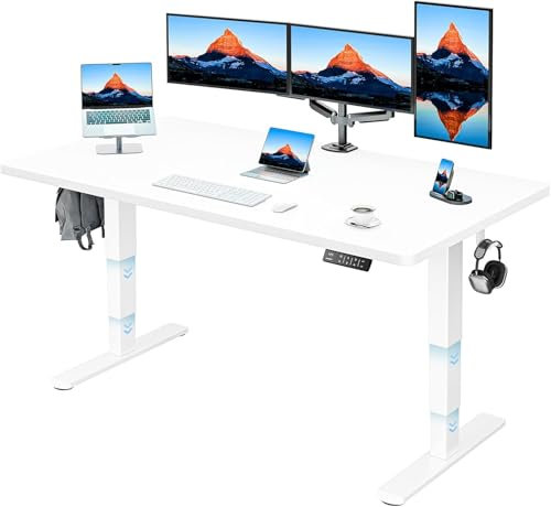 HUANUO Höhenverstellbarer Schreibtisch 160 x 80 cm, Ganze Tischplatte, 3 Stufen-Beine-Design mit 120kg Tragfähigkeit & 2-Motor Elektrischer Stehpult, Weiß
