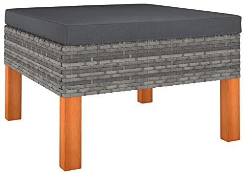 SDWEHO7 Garten Hocker mit Auflage, Outdoor Sitzfläche Balkon Lounge Sitzhocker Fußhocker Fußablage Fußstütze Gartenmöbel, Poly Rattan und Eukalyptus Massivholz