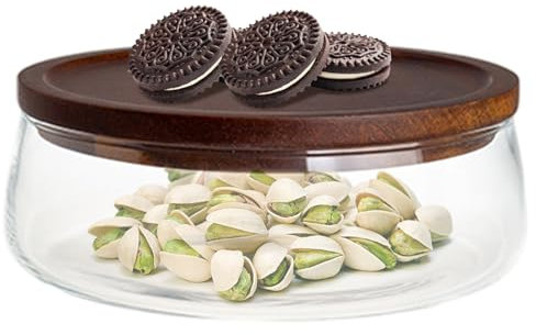 Hbbgdiy Glass Serving Bowl, Clear Glass Round Salad Bowl with Wooden Lid for Fruit Candy Nut Snacks, Farmhouse Style Food Storage Dish for Home Kitchen Party, S