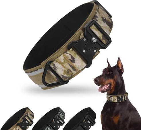 FEimaX Hundehalsband Personalisiert Hunde Halsband für Kleine Mittelgroße Hunde, Breite Reflektierende Verstellbares Taktisch Hundehalsband mit Metallschnalle für Ausbildung (Khaki Tarnmuster, M)