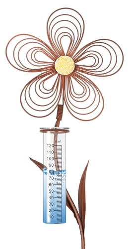 JAZUIHA Regenmesser für Garten frostsicher 110 cm Hoch Metall Blumenstecker | Dekorativer Niederschlagsmesser aus Glas mit Metall Erdspieß Wetterfeste Gartendeko in Rostoptik
