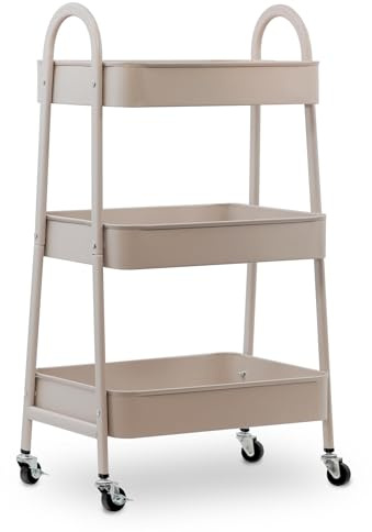 GEEZY 3 Tier Storage Trolley on Wheels - Beige Metal Rolling Cart with Mesh Shelves & Side Handles - Multipurpose Kitchen Trolley Storage & Bathroom Caddy Organiser for Home, Office, Crafts & Beauty