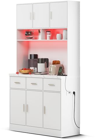 Gxffipw Küchenschrank Buffetschrank Hoch 180 cm mit LED Licht und Steckdose, Hochschrank mit Schubladen und Verstellbare Schotten, Highboard Küchenschränke mit Arbeitsplatte, Weiß