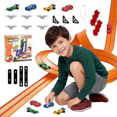 Flexible Autorennbahn, 5M Autorennbahn Inklusive 4 Autos Tragbare Dual Rennstrecke Rampen Flexible Rennbahn Draußen für 1/64th Autos Spielzeug ab 3 4 5 6 Jahre Jungen Mädchen Geschenk