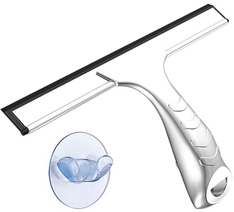 Shower Squeegee with Suction Cup Stainless Steel Window Screen Wiper Shower Cleaner Tool No Drilling Bathroom Accessory Window Scraper Glass Cleaning for Bathroom Glass Doors Mirror Kitchen 25cm