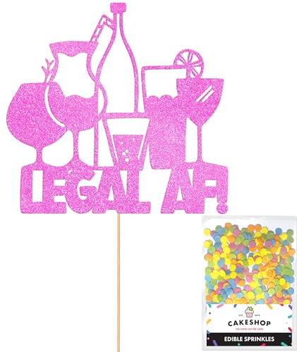Cakeshop Legal AF 18th Birthday Alcohol Glitter Cake Topper With Sprinkles - Light Pink Custom Colour - Witty Funny Rude Booze Cake Decoration - Toppers for Cakes