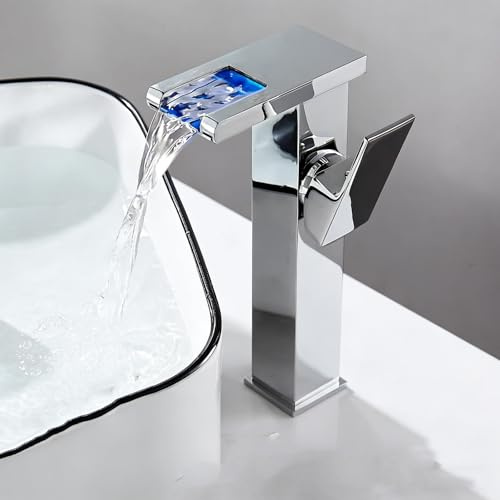 Rubinetto Bagno Lavabo Alto Cascata con Luce LED a Tre Colori Ottone | Miscelatore Lavabo Bagno Alto Quadrato Monocomando Energia Idroelettrica, Rubinetto Cucina, per Hotel(Silver)
