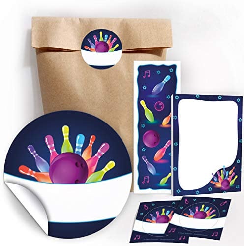 JuNa-Experten 12 Geschenktüten Natur + 12 Aufkleber + 12 Lesezeichen + 12 Mini-Notizblöcke – Bowling-Motiv für Mitgebsel, Gastgeschenke, Kindergeburtstag, Bowlingparty, Jungen und Mädchen